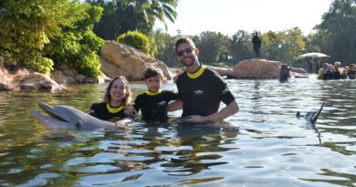 Família com golfinho no Discovery Cove
